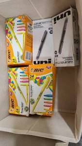 Box of Highlighters and pens