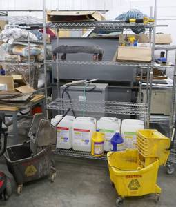 lot 22 image: Entire cart of cleaning supplies, plus 2 mop buckets, mops, floor polish, etc