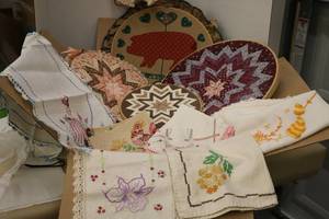 lot 68 image: Hand crafted items - Table runner, place mat, doll outfit, hanging items