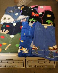 lot 111 image: 9 NEW Cardigan Long Sleeve Sweaters - Fall & Winter Themes included