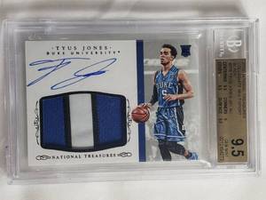 lot 12 image: Tyus Jones Minnesota Native Rookie Patch 2015 National Treasures Collegiate Multisport, Beckett 9.5 Gem Mint