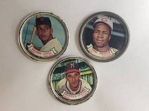 lot 51 image: Lot of 3 1964 Topps Coins Warren Spahn 88, Orlando Cepeda 63, Frank Robinson 37