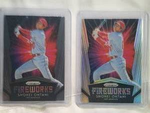 lot 99 image: Lot of 2 Shohei Ohtani 2019 Panini Prizm Fireworks Base and Prizm Refractor No. F15