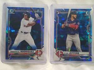 lot 100 image: Lot of 2 Sapphire 2021 Ryan Jeffers Bowman Chrome Rookie No. 56, Emmanuel Rodriguez 1st Bowman No. BCP-207