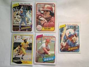 lot 170 image: Lot of 5 Pete Rose No. 310, Paul Molitor No. 406, Willie Stargell No. 380, Tom Seaver No. 500, Andre Dawson No. 235