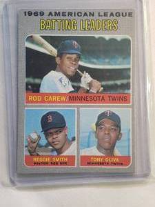 lot 178 image: 1969 American League Batting Leaders Rod Carew, Reggie Smith, Tony Oliva Topps No. 62