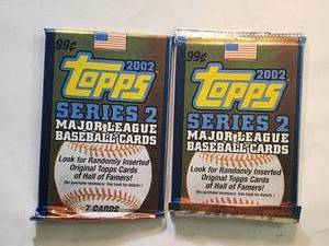 lot 277 image: Lot of 2 Packs of 2002 Topps Series 2, 7 Cards Each, Possible Mauer Rookie