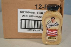 lot 25 image: 12-Pack Emerils Kicked Up Horseradish Mustard 12oz Bottles Best By 42023
