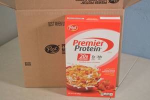 lot 248 image: Case of Post Premier Protein Cereal Mixed Berry Almond Flavor 8 Boxes