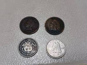 (2) indian head pennies and (2) silver coins