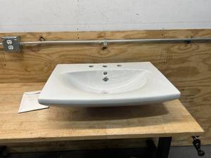 lot 56 image: DURAVIT Caro 27-12 Ceramic Bathroom Sink for Wall Mounted or Pedestal Installations with Widespread Faucet Holes and Overflow