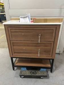 lot 40 image: HOME DECORATORS COLLECTION Corley 30 in. W x 19 in. D x 34.5 in. H Single Sink Bath Vanity in Spiced Walnut with White Engineered Stone Top