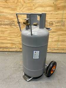lot 29 image: FLAME KING 40 lbs. Horizontal and Vertical HOG Propane Cylinder with Wheels