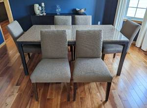 lot 3 image: Gorgeous Room and Board Granite Topped Dining Table and Chairs