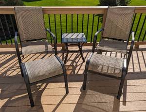 lot 27 image: Pair of Patio ChairsOttomans and Glass Toppers Side Table