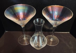 lot 284 image: Two Large Iridescent Martini Glasses and Riedel Decanter
