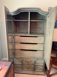 lot 12 image: Vintage Armoire with colorful lined drawers and Door Mirror