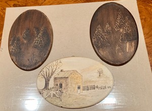 lot 84 image: Set of Three Hand Painted Wooden Decorative Plaques