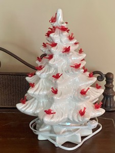 lot 200 image: White Painted Ceramic Christmas Tree with Red Cardinal Lights