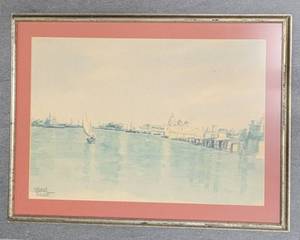 lot 26 image: Carlos Angold Watercolor Seascape Sailboats Framed Artwork