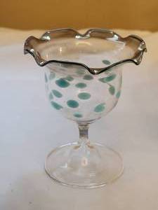 lot 53A7 image: Bimini Ultra-Fine Italian Studio Art Glass Vases & Nut Bowl (3) - Blue-Green Polka Dot  White Clouds  Purple Swirl
