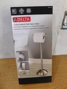 New - Delta Greenwich Telescoping Pivoting Free-Standing Toilet Paper Holder in SpotShield Brushed Nickel