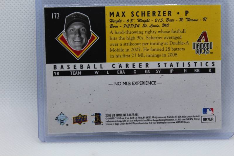 lot 123 image: Max Scherzer Rookie 2008 Upper Deck No. 172