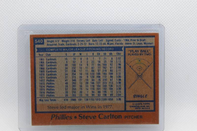 lot 147 image: Steve Carlton 1978 Topps No. 540