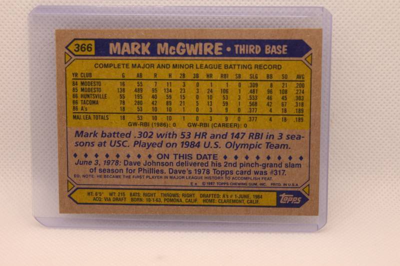 lot 154 image: Mark McGwire 1987 Topps No. 366