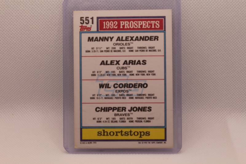 lot 175 image: 1992 Topps Top Prospects Rookie Card manny Alexander, Alex Arias, Wil Cordero, Chipper Jones No. 551