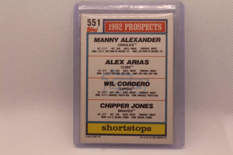 lot 176 image: 1992 Topps Top Prospects Rookie Card manny Alexander, Alex Arias, Wil Cordero, Chipper Jones No. 551