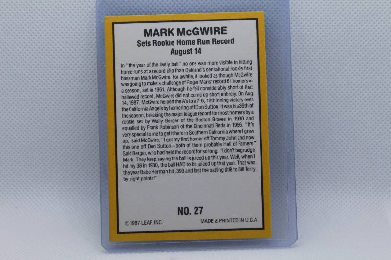 lot 208 image: Mark McGWire Rookie Donruss 87 No. 27 - Sets Rookie Home Run Record