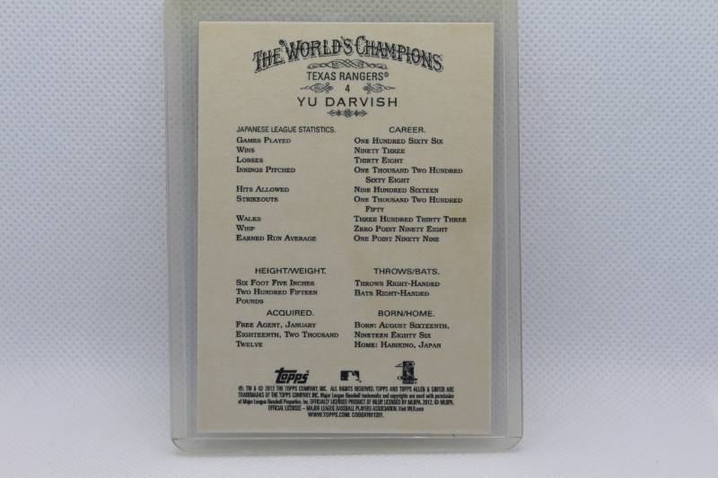 lot 210 image: Yu Darvish Rookie Allen & Ginter Topps 2012 No. 4