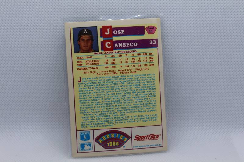lot 219 image: Jose Canseco Rookie 1986 Sportflics No. 33