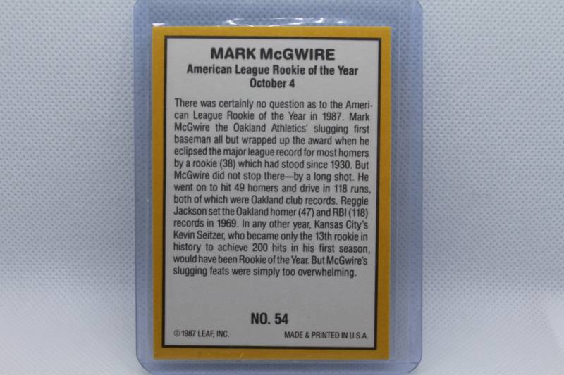 lot 49 image: Mark McGwire Rookie Donruss 87 No. 54 - Donruss A.L. Rookie of the Year