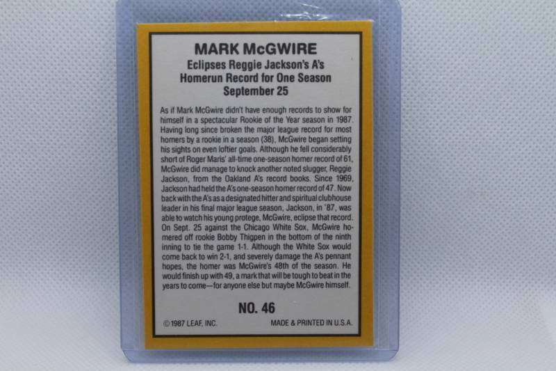 lot 50 image: Mark McGwire Rookie Donruss 87 No. 43 - Eclipses Jacksons As HR Record