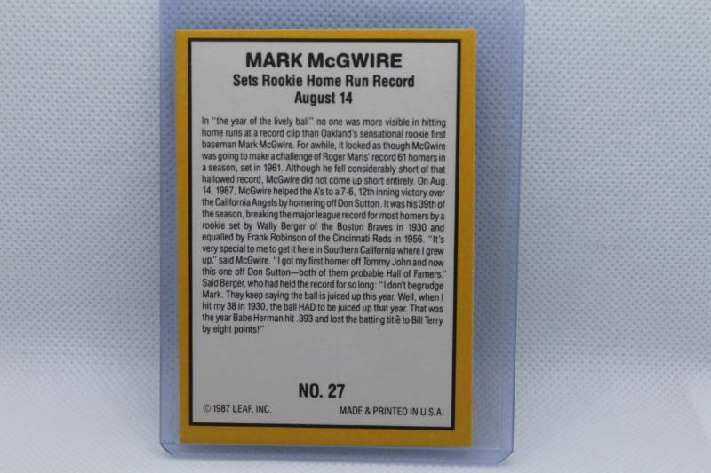 lot 51 image: Mark McGWire Rookie Donruss 87 No. 27 - Sets Rookie Home Run Record
