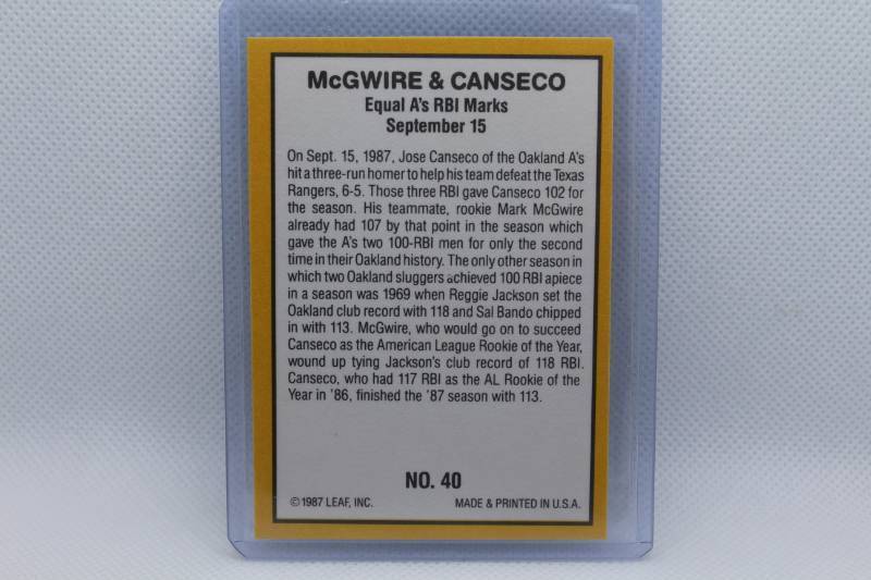 lot 52 image: Mark McGwire Jose Canseco Rookie Donruss 87 No. 40