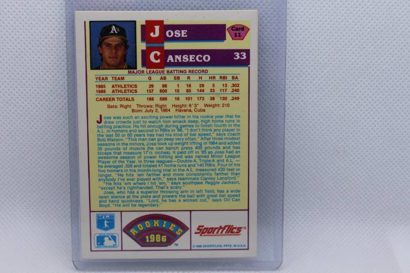 lot 59 image: Jose Canseco Rookie 1986 Sportflics No. 33