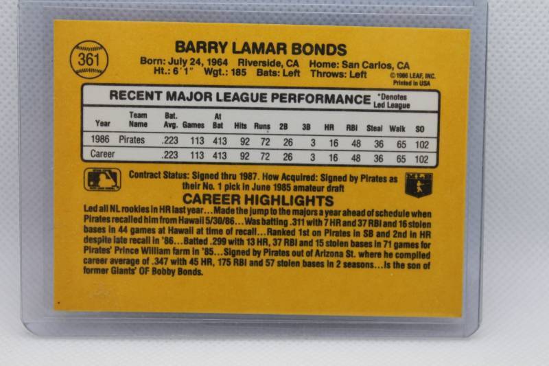lot 89 image: Barry Bonds Rookie Donruss 87 No. 361