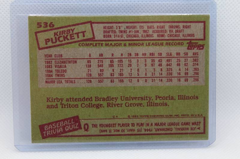 lot 94 image: Kirby Puckett Rookie 1985 Topps No. 536