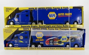 lot 300 image: x2 First Gear NAPA Stamped Steel Tractor Trailer & Funny Car Transporter NIB