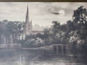 lot 171 image: Dreamy Vintage Landscape Etching Print - The Church. Stratford-on-Avon