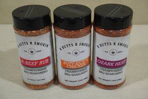 lot 50 image: 3 R Butts R Smoking Seasonings -R-Beef Rub, Butt Kickn Chicken & Ozark Heat