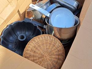 lot 868 image: Lot of (1 Box) Assorted Cooking Pans, Cake Pans, Pots, Wicker Servers
