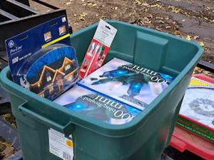 lot 965 image: (15 Boxes) BlueFrosted White Mini IndoorOutdoor Lights 32 100-bulb, (1 Pack) GE Pro-Line Icicle Light Clips 100-count, (1) 4-In-1 Light Tester (in original packaging)