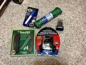 lot 190 image: NIB Items - Traveler Knife, Engraver, Drill Bits, Vintage Portable Cassette Player
