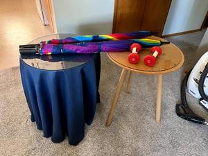 lot 348 image: 2 Small Tables, 2 Umbrellas & 2 Weights