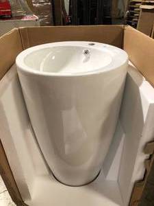 lot 17 image: Eridanus Gibbous Vitreous China 33 in. Circular Pedestal Sink with Faucet Hole and Overflow in Crisp White  Customer Returns See Pictures