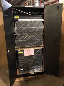 lot 24 image: Husky 4-Piece Heavy Duty Welded Steel Garage Storage System in Black (92 in. W x 81 in. H x 24 in. D) Customer Returns See Pictures